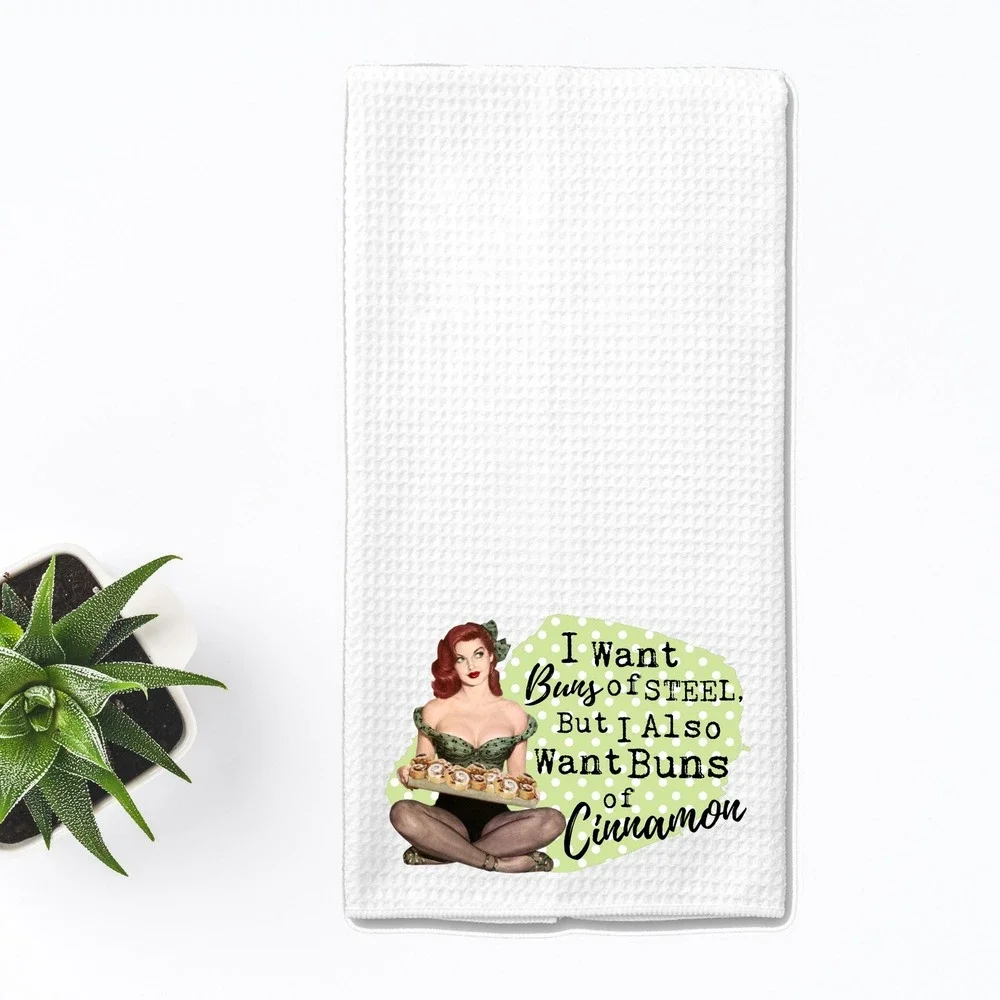 Retro Pinup Girl Waffle Weave Kitchen Towel Buns of Steel Cinnamon White Humor